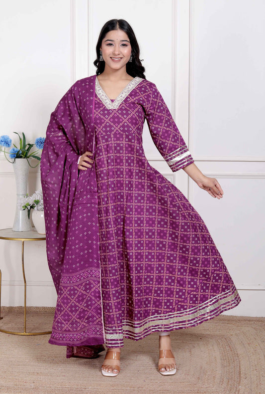 Miravan Women's Bandhani embroidred ethnic Anarkali Kurta and Dupatta