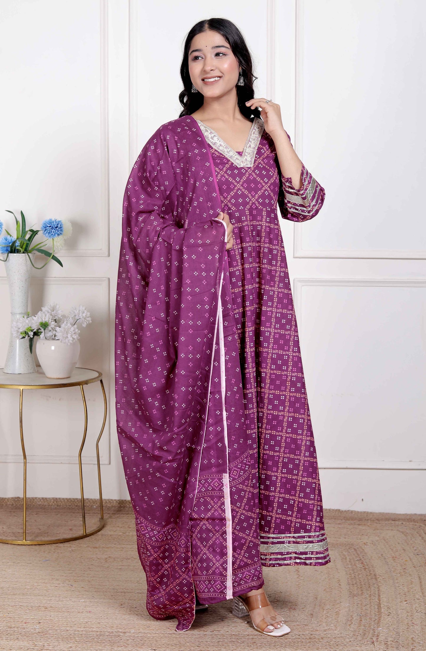 Miravan Women's Bandhani embroidred ethnic Anarkali Kurta and Dupatta