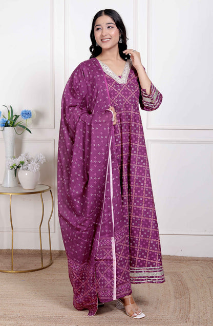 Miravan Women's Bandhani embroidred ethnic Anarkali Kurta and Dupatta