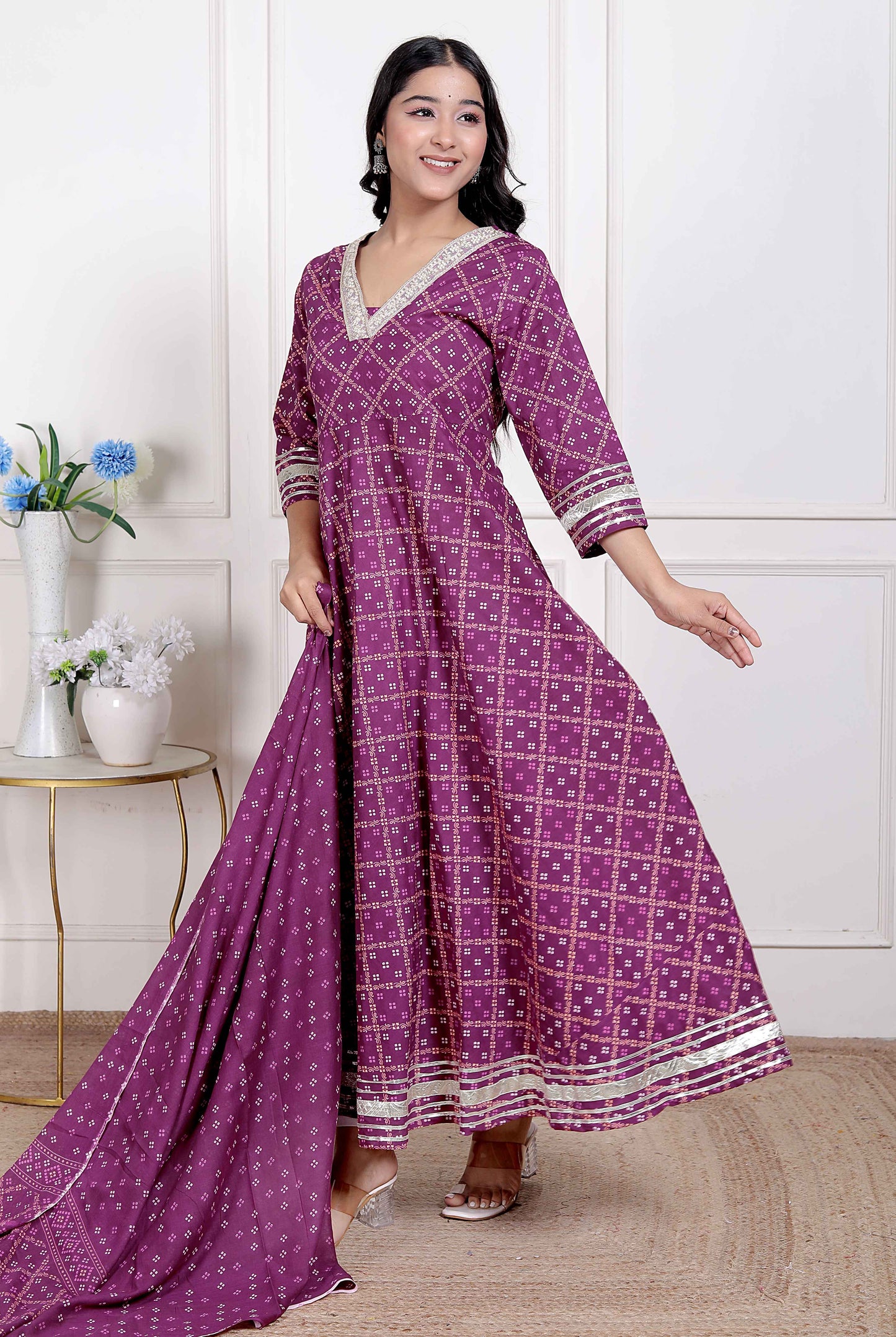 Miravan Women's Bandhani embroidred ethnic Anarkali Kurta and Dupatta