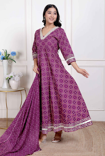 Miravan Women's Bandhani embroidred ethnic Anarkali Kurta and Dupatta