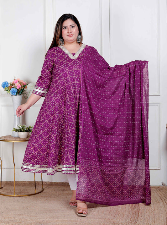 Miravan Plus Size Women's Bandhani embroidred ethnic Anarkali Kurta and Dupatta