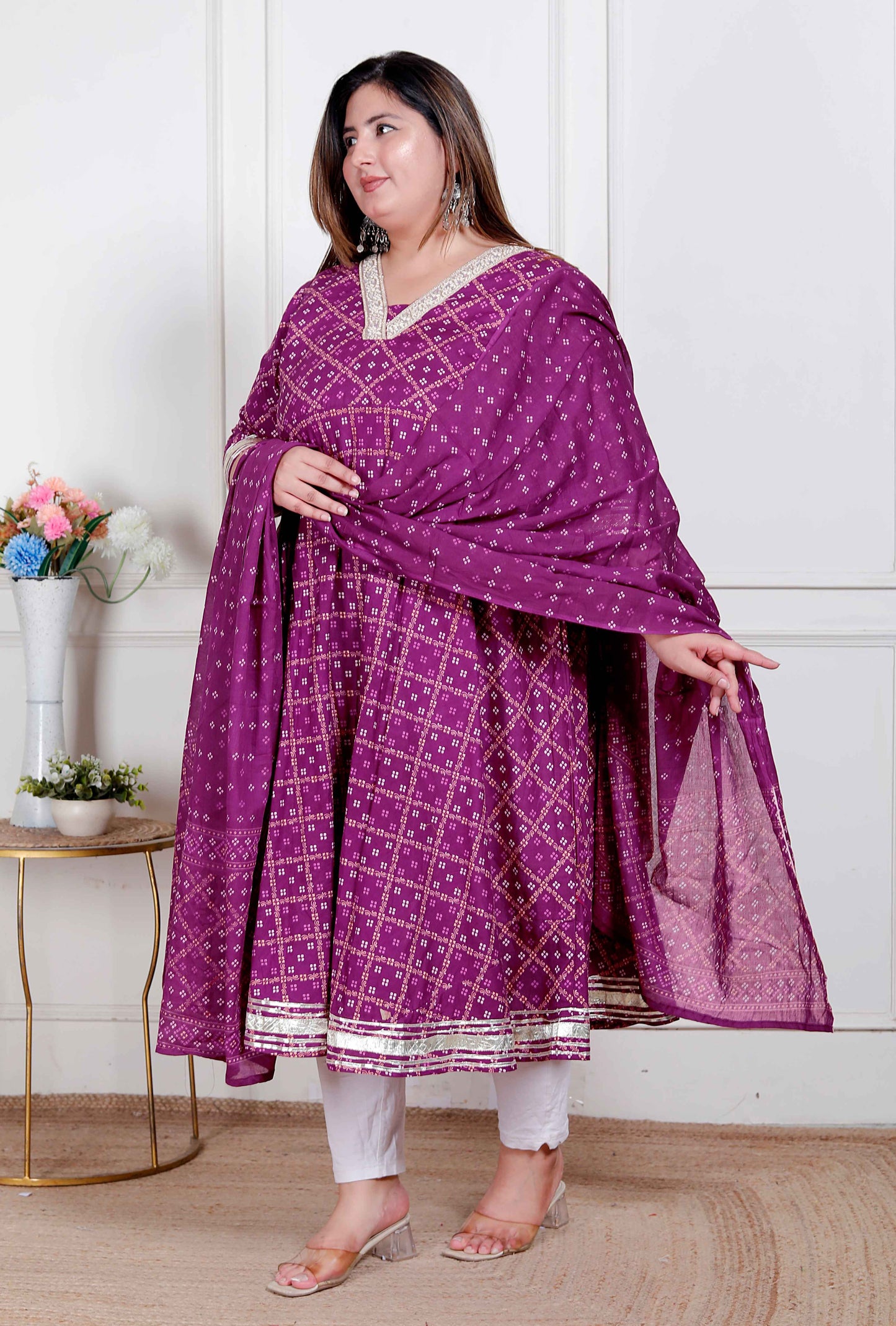 Miravan Plus Size Women's Bandhani embroidred ethnic Anarkali Kurta and Dupatta