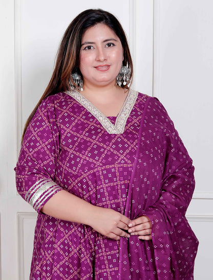 Miravan Plus Size Women's Bandhani embroidred ethnic Anarkali Kurta and Dupatta