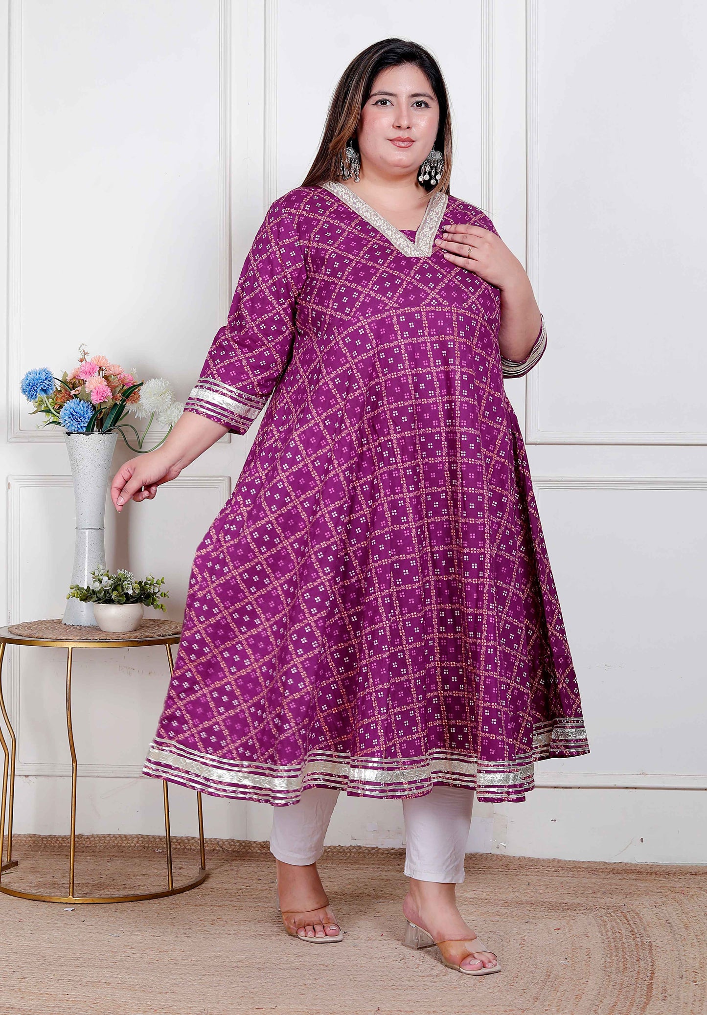 Miravan Plus Size Women's Bandhani embroidred ethnic Anarkali Kurta and Dupatta