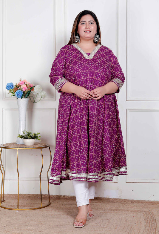 Miravan Plus Size women cotton Magenta Gota lace and  Embroidered Anarkali Kurta
