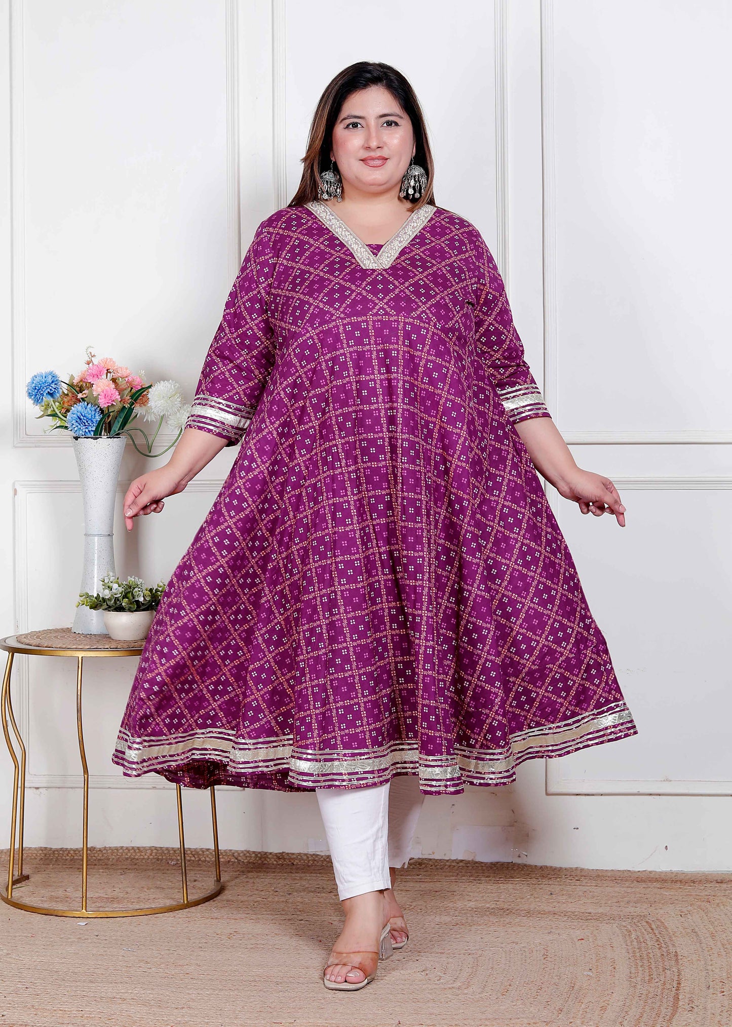 Miravan Plus Size women cotton Magenta Gota lace and  Embroidered Anarkali Kurta