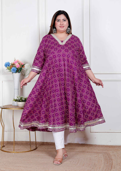 Miravan Plus Size women cotton Magenta Gota lace and  Embroidered Anarkali Kurta