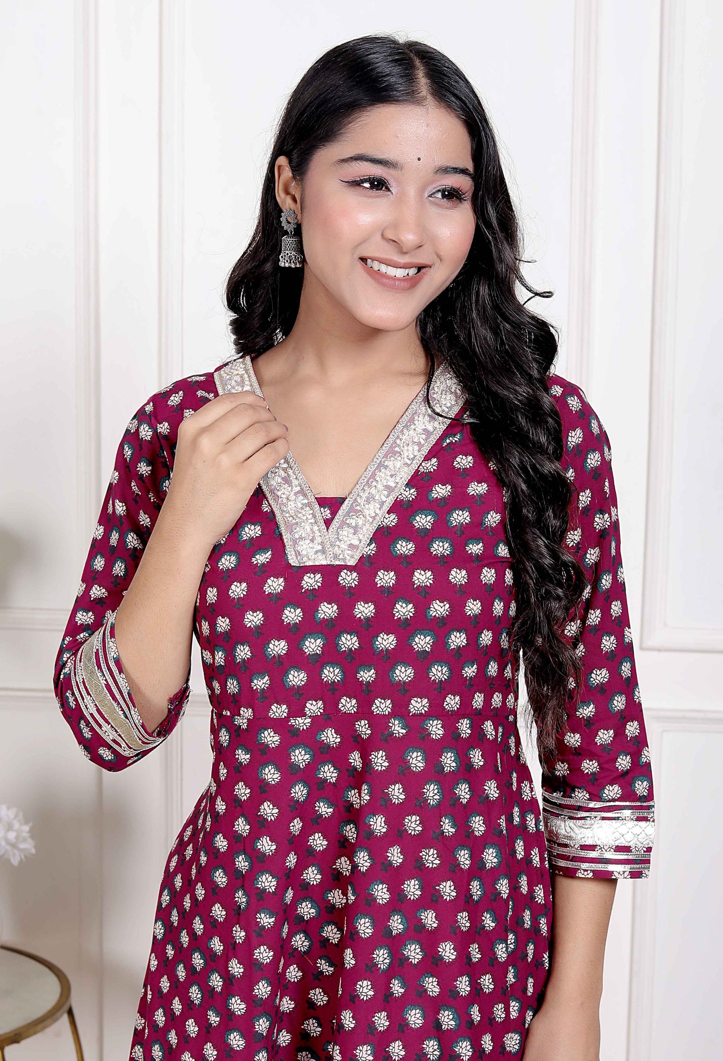Miravan Women Maroon Floral Print Soft Cotton embroidered Anarkali Kurta