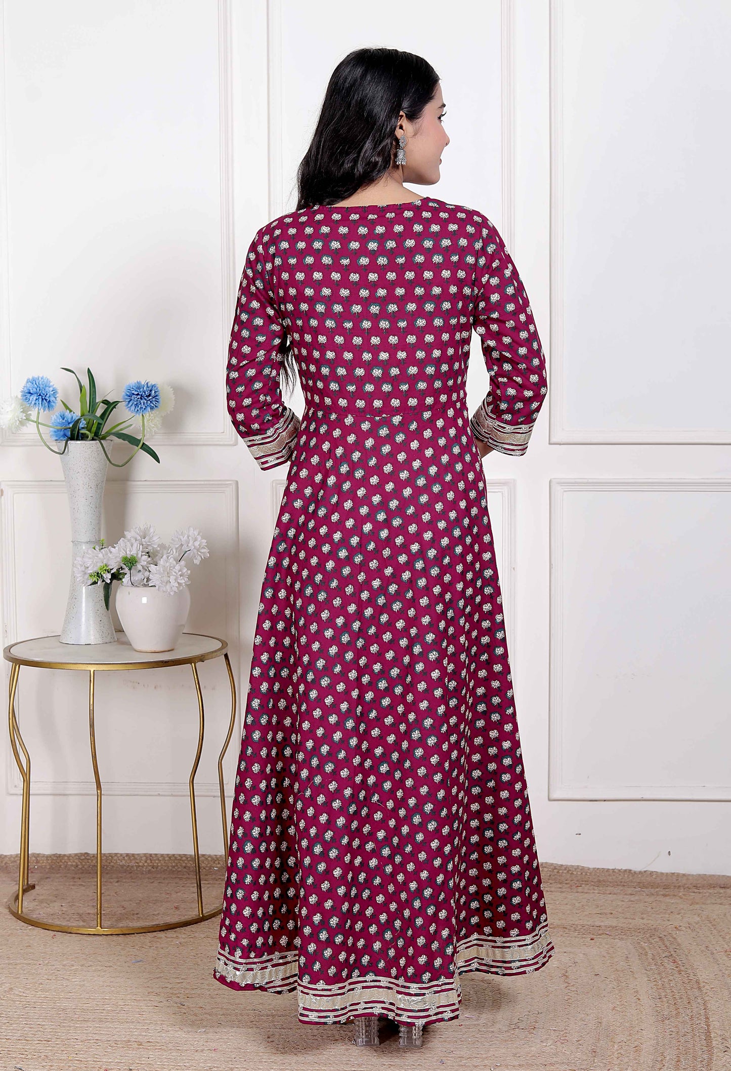 Miravan Women Maroon Floral Print Soft Cotton embroidered Anarkali Kurta