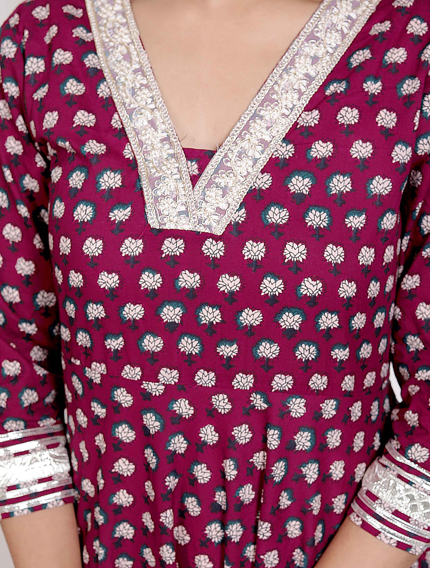 Miravan Women Maroon Floral Print Soft Cotton embroidered Anarkali Kurta