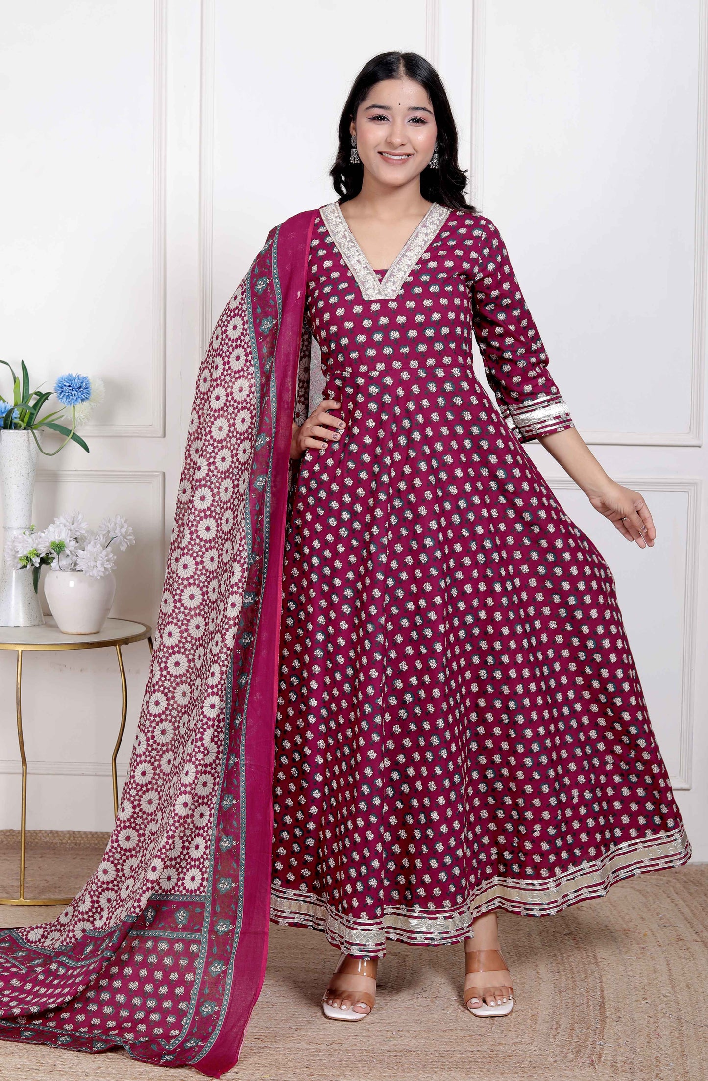 Miravan Women's Maroon embroidered Anarkali Kurta and Dupatta