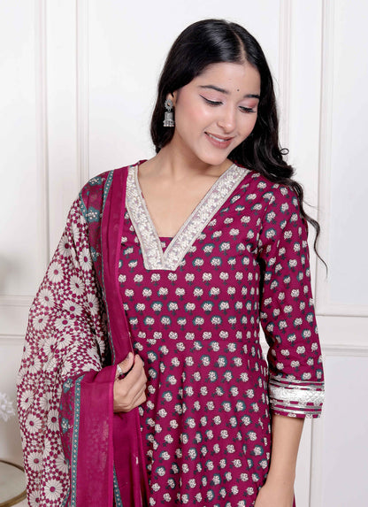 Miravan Women's Maroon embroidered Anarkali Kurta and Dupatta