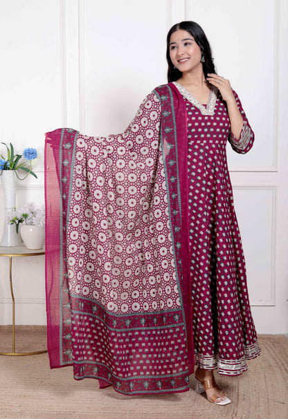 Miravan Women's Maroon embroidered Anarkali Kurta and Dupatta