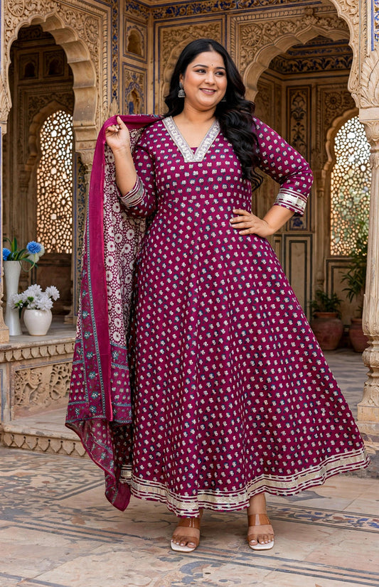 Miravan Women's Plus Size Maroon embroidered Anarkali Kurta and Dupatta