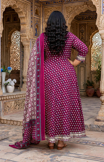Miravan Women's Plus Size Maroon embroidered Anarkali Kurta and Dupatta