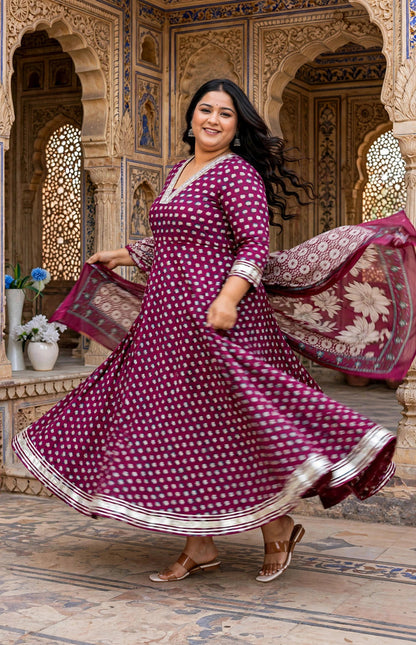 Miravan Women's Plus Size Maroon embroidered Anarkali Kurta and Dupatta