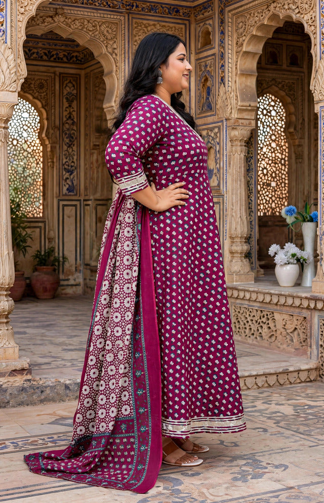 Miravan Women's Plus Size Maroon embroidered Anarkali Kurta and Dupatta