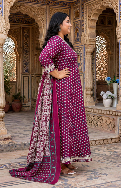 Miravan Women's Plus Size Maroon embroidered Anarkali Kurta and Dupatta