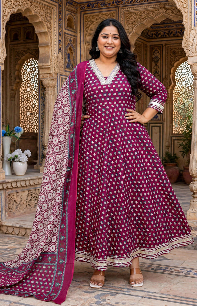 Miravan Women's Plus Size Maroon embroidered Anarkali Kurta and Dupatta