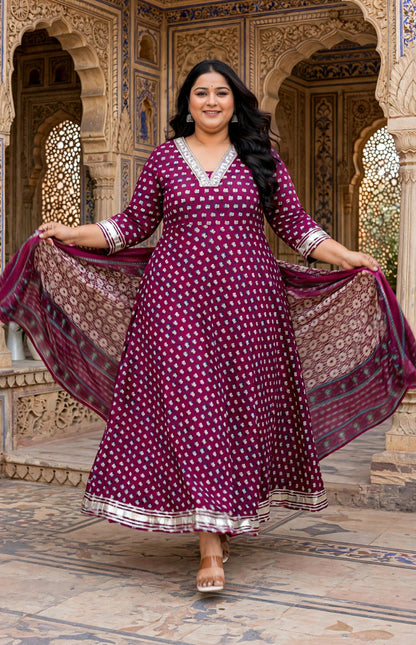 Miravan Women's Plus Size Maroon embroidered Anarkali Kurta and Dupatta