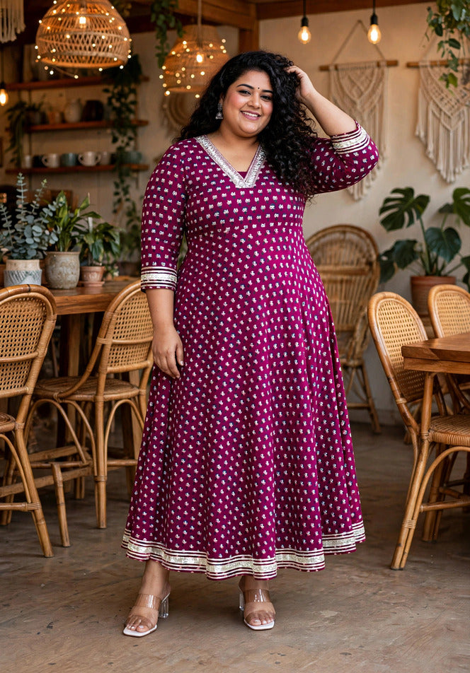 Miravan Womens Plus Size Maroon Floral Print Soft Cotton embroidered Anarkali Kurta