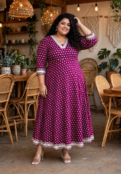 Miravan Womens Plus Size Maroon Floral Print Soft Cotton embroidered Anarkali Kurta