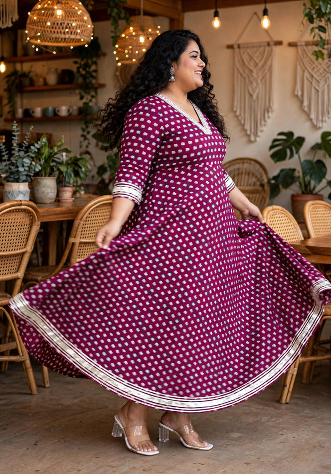 Miravan Womens Plus Size Maroon Floral Print Soft Cotton embroidered Anarkali Kurta
