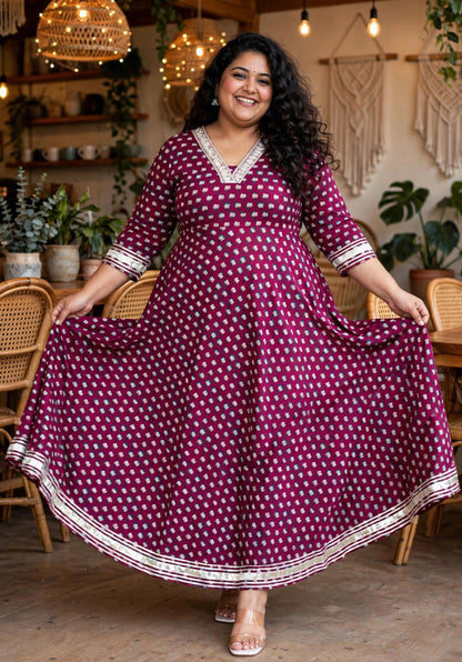 Miravan Womens Plus Size Maroon Floral Print Soft Cotton embroidered Anarkali Kurta