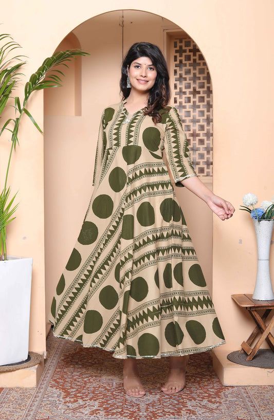 Miravan Womens Green Cotton Anarkali Kurta