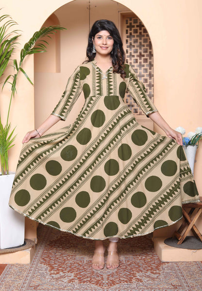 Miravan Womens Green Cotton Anarkali Kurta