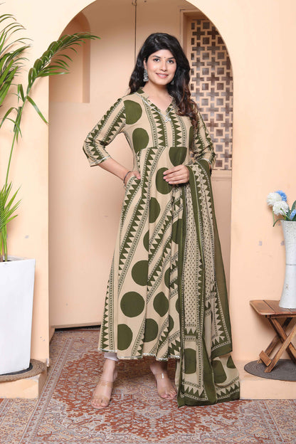 Miravan Women's Polka Dot Printed Pure Cotton Anarkali Kurta with Dupatta