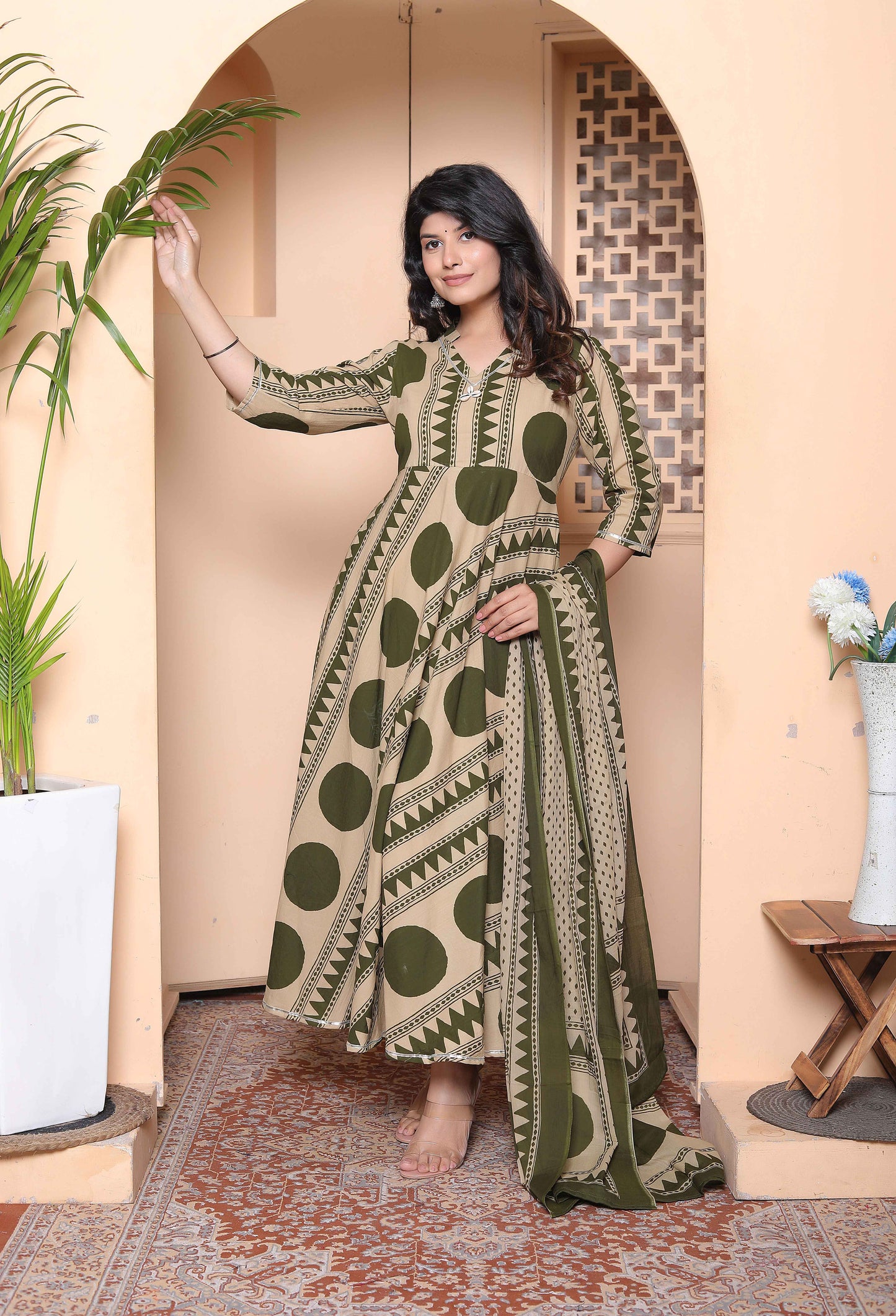 Miravan Women's Polka Dot Printed Pure Cotton Anarkali Kurta with Dupatta