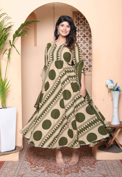 Miravan Women's Polka Dot Printed Pure Cotton Anarkali Kurta with Dupatta