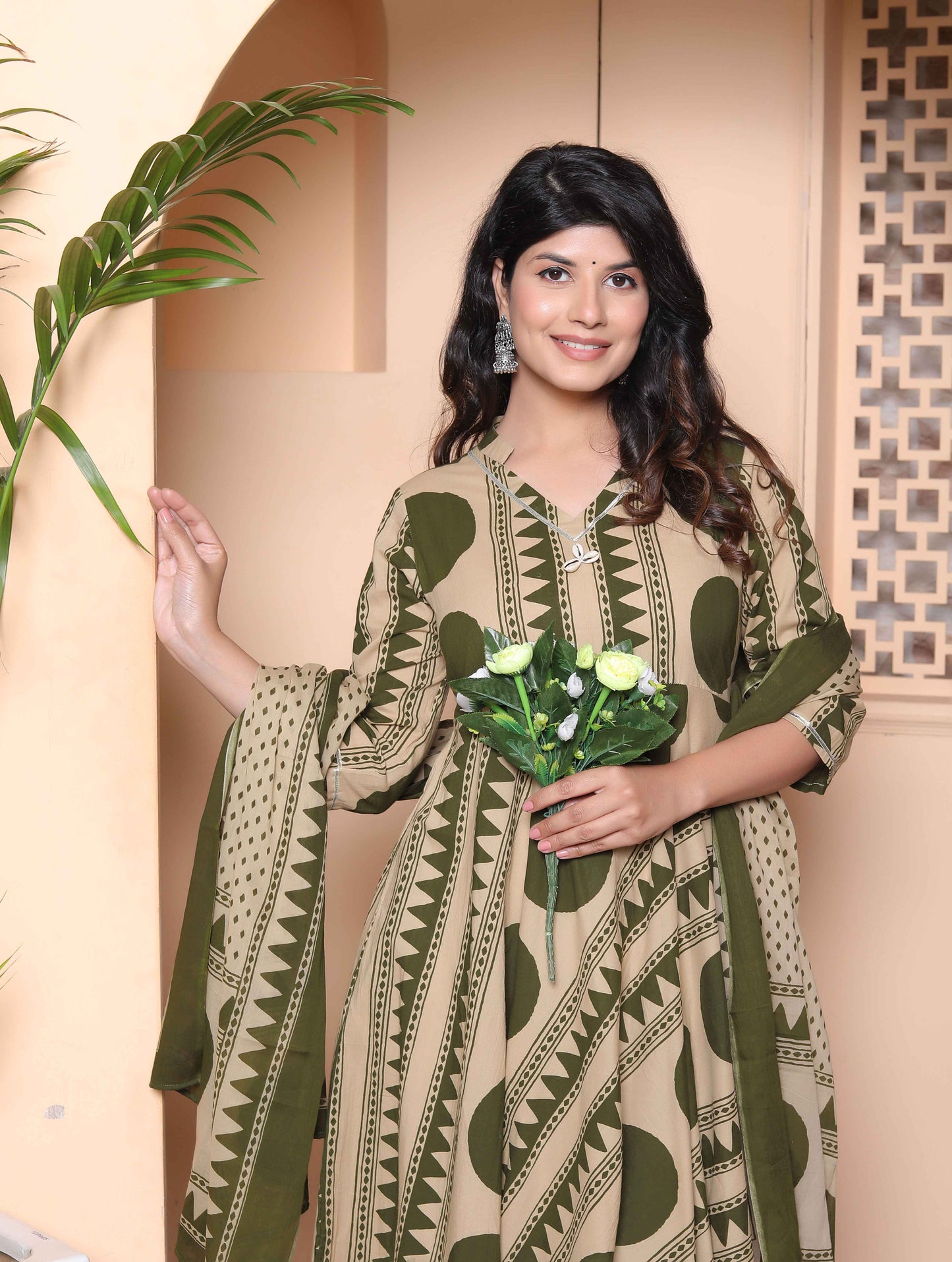 Miravan Women's Polka Dot Printed Pure Cotton Anarkali Kurta with Dupatta