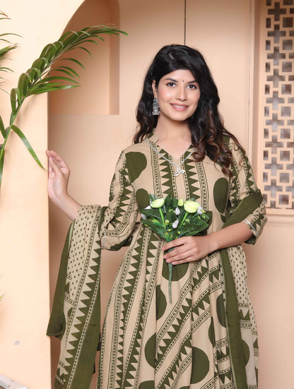 Miravan Women's Polka Dot Printed Pure Cotton Anarkali Kurta with Dupatta