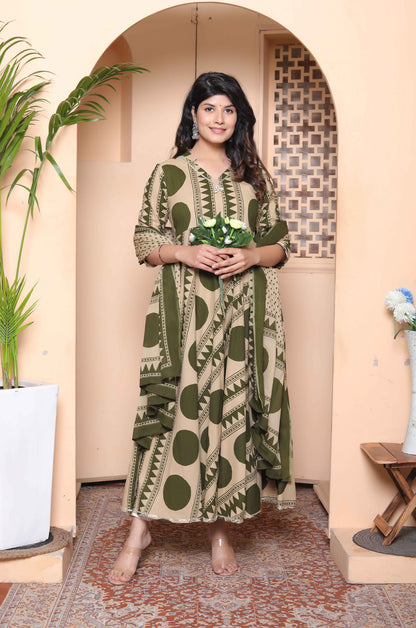 Miravan Women's Polka Dot Printed Pure Cotton Anarkali Kurta with Dupatta