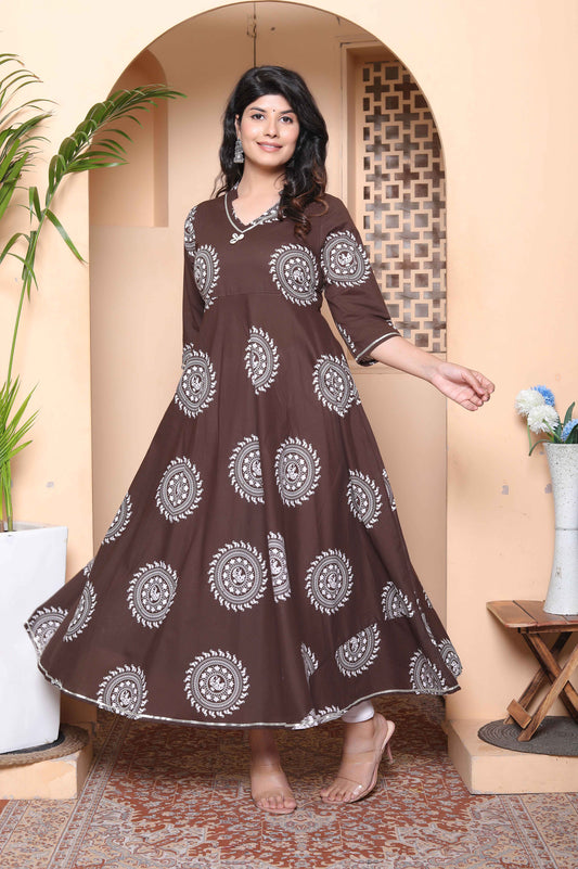Miravan Womens Printed V-Neck Cotton Anarkali Kurta Brown