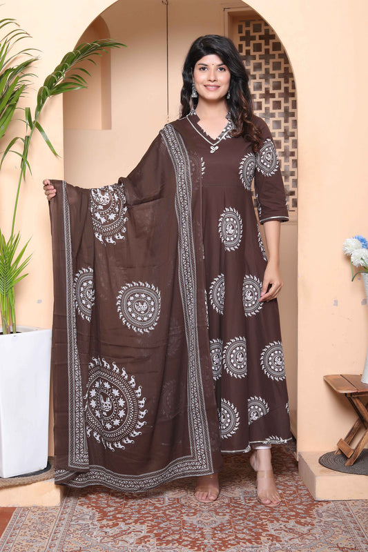 Miravan Womens Brown Animal Printed  Anarkali Kurta with Dupatta Set