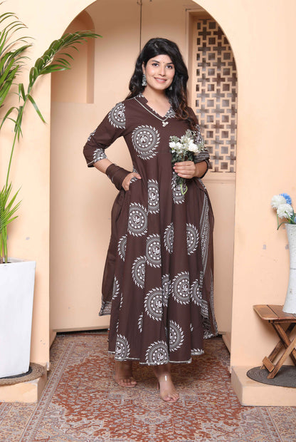 Miravan Womens Brown Animal Printed  Anarkali Kurta with Dupatta Set