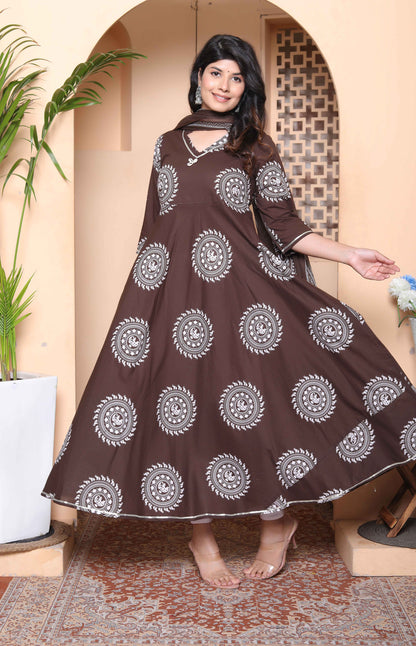 Miravan Womens Brown Animal Printed  Anarkali Kurta with Dupatta Set