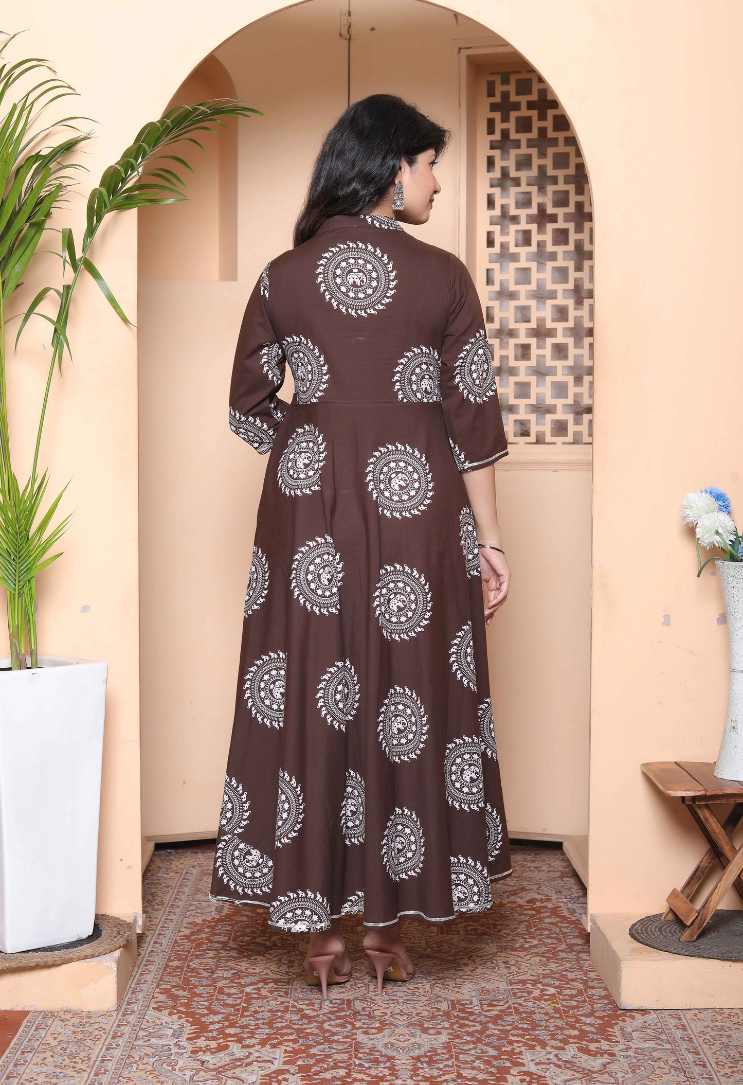 Miravan Womens Brown Animal Printed  Anarkali Kurta with Dupatta Set