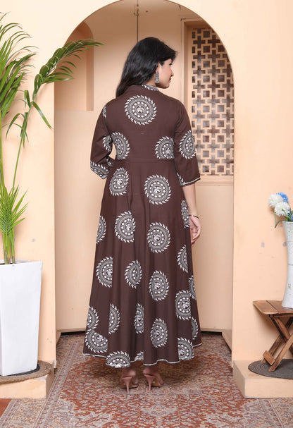 Miravan Womens Brown Animal Printed  Anarkali Kurta with Dupatta Set