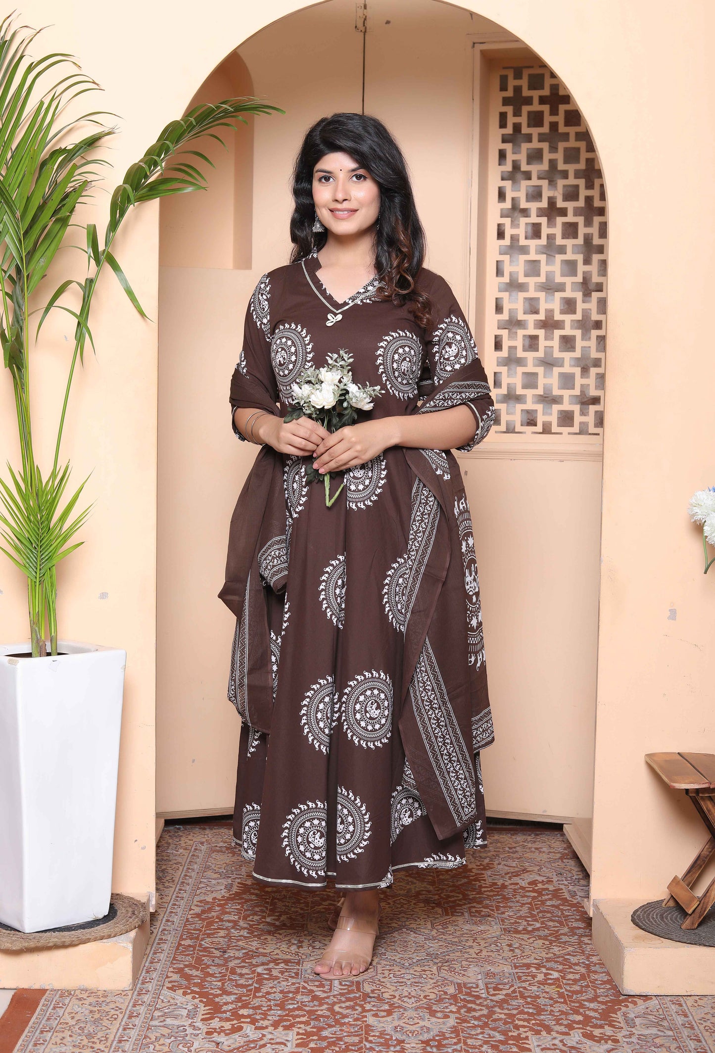 Miravan Womens Brown Animal Printed  Anarkali Kurta with Dupatta Set