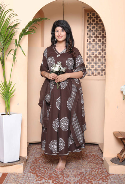 Miravan Womens Brown Animal Printed  Anarkali Kurta with Dupatta Set