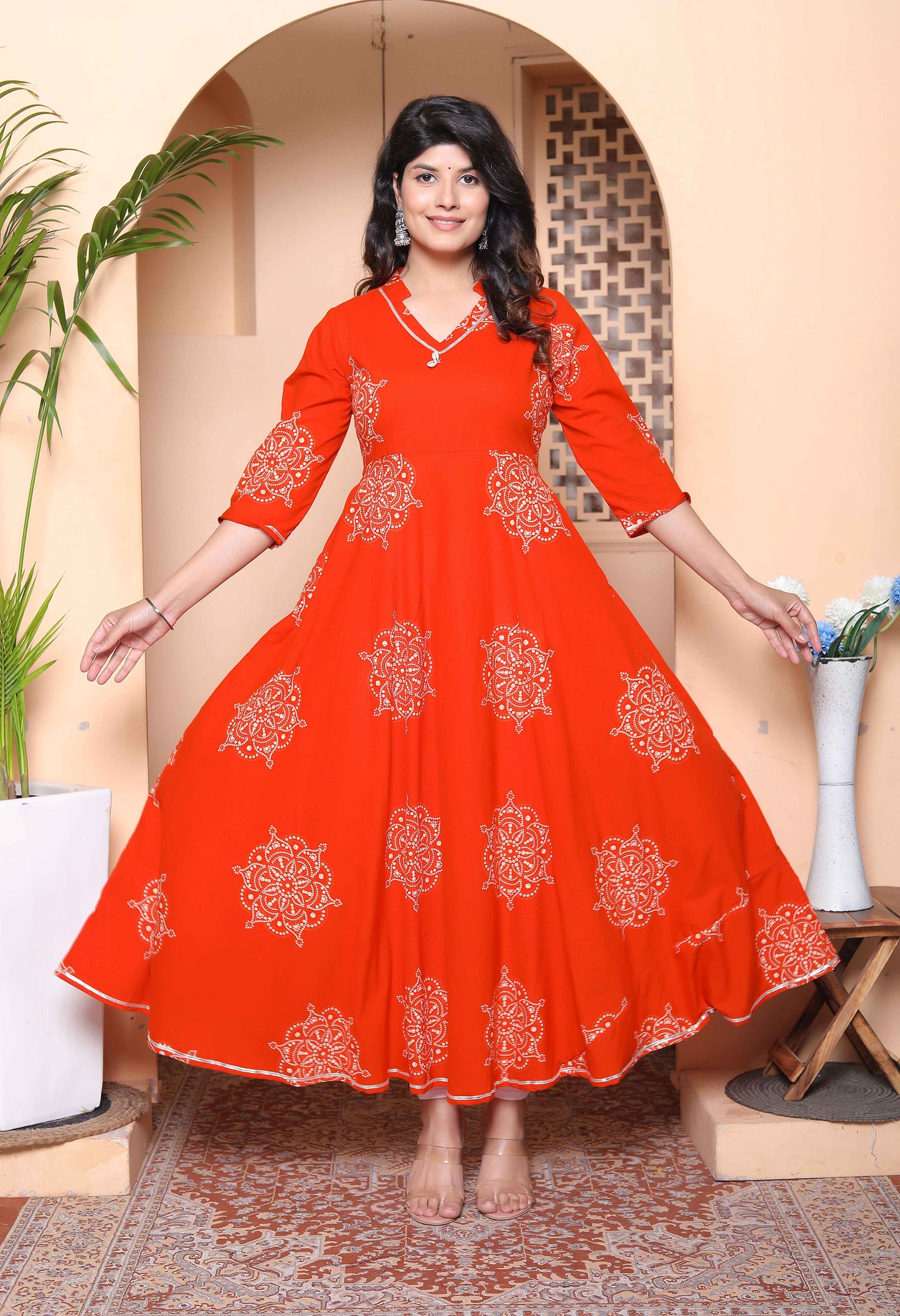 Miravan Womens Orange Mandarin-Neck Printed Anarkali Style Kurta