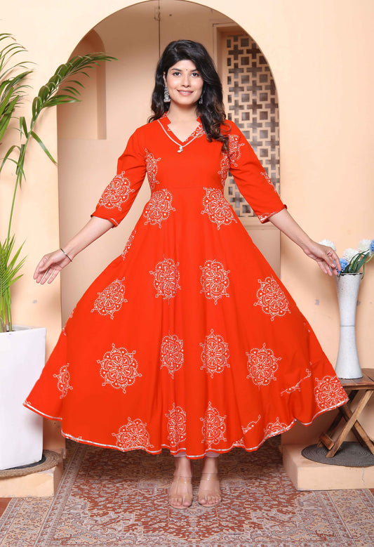 Miravan Womens Orange Mandarin-Neck Printed Anarkali Style Kurta