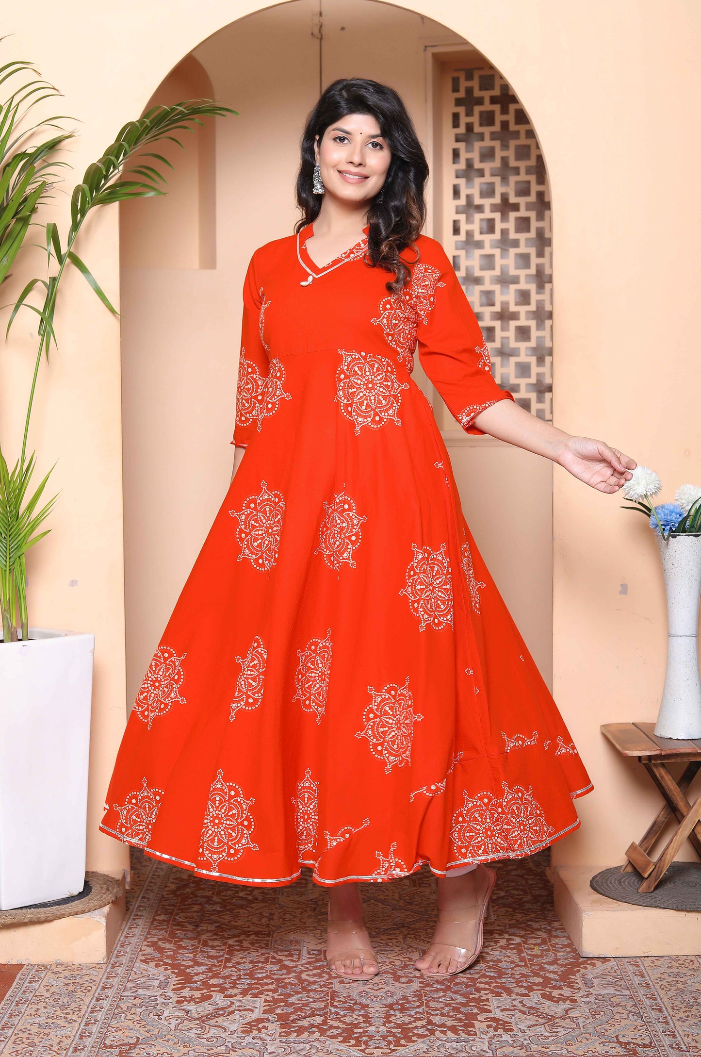 Miravan Womens Orange Mandarin-Neck Printed Anarkali Style Kurta