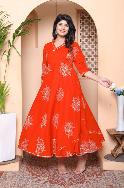 Miravan Womens Orange Mandarin-Neck Printed Anarkali Style Kurta