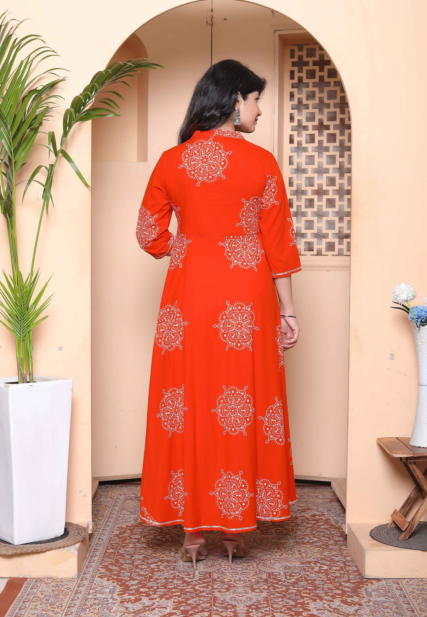 Miravan Womens Orange Mandarin-Neck Printed Anarkali Style Kurta